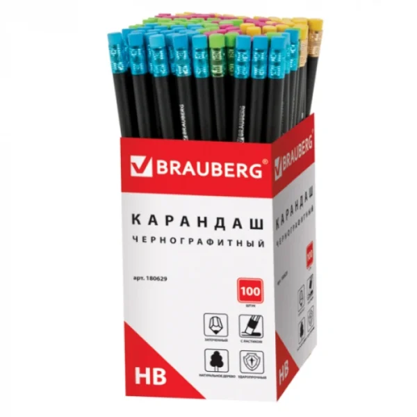 Карандаш ч/г деревянный HB, с ластиком, заточен, круглый, BRAUBERG. Black Wood — изображение 2